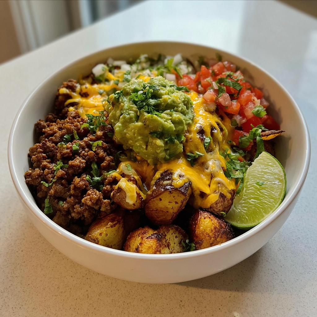 A close-up of a Loaded Potato Taco Bowl filled with seasoned ground beef, roasted potatoes, melted cheese, guacamole, pico de gallo, and lime.