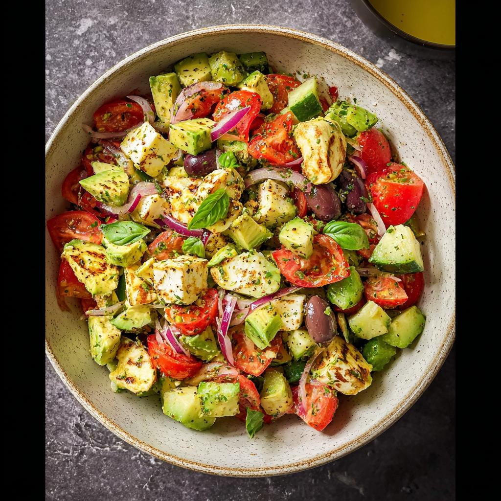 A vibrant bowl of Simple & Zesty Mediterranean Avocado Egg Salad, featuring diced avocado, tomatoes, cucumber, red onion, olives, and cheese.