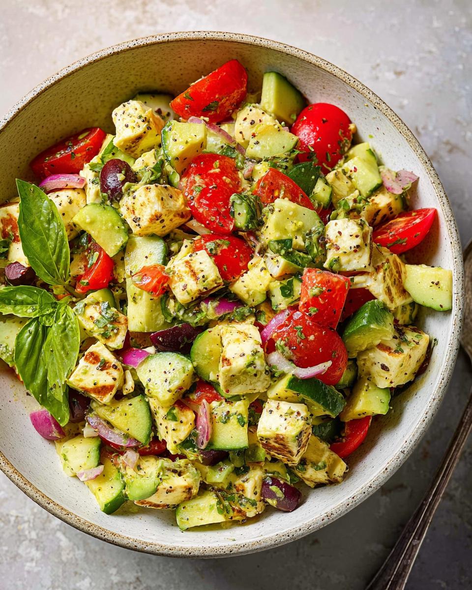 A vibrant bowl of Simple & Zesty Mediterranean Avocado Egg Salad with avocado, tomatoes, cucumber, olives, and cheese.
