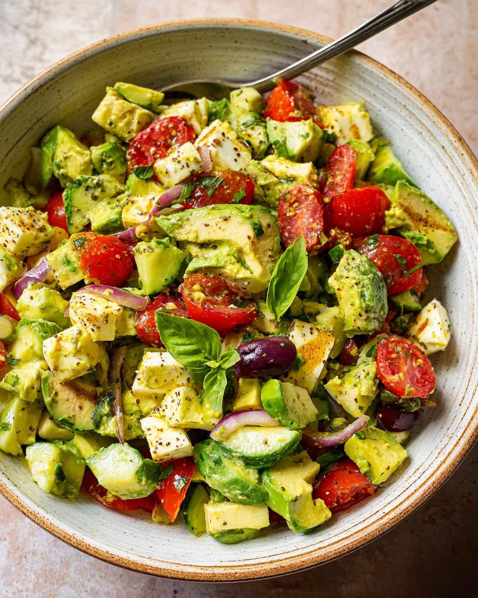 A bowl of Simple & Zesty Mediterranean Avocado Egg Salad with chopped avocado, tomatoes, feta cheese, and olives.