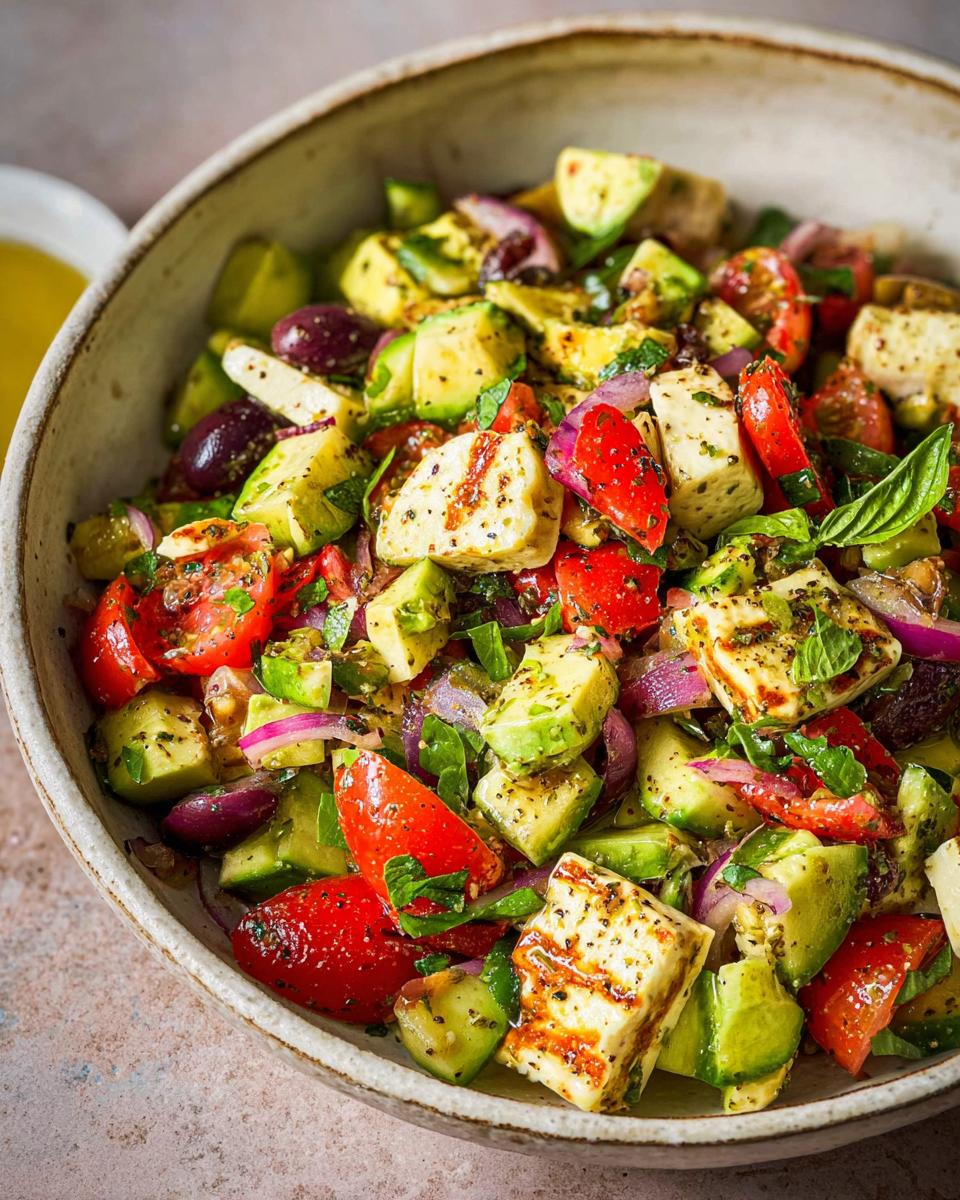A vibrant bowl of Simple & Zesty Mediterranean Avocado Egg Salad with tomatoes, olives, red onion, and grilled halloumi.