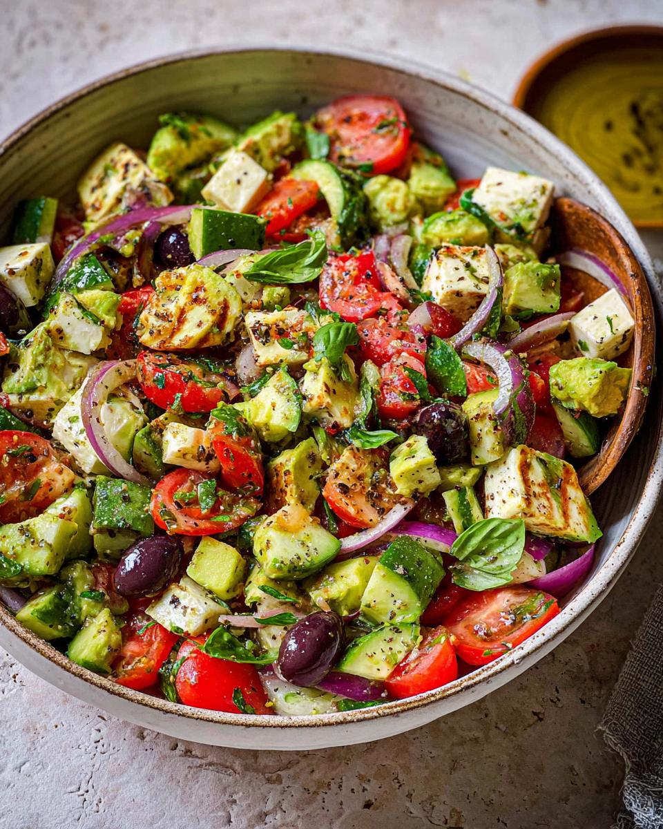 Close-up of a vibrant Simple & Zesty Mediterranean Avocado Egg Salad with avocado, tomatoes, feta, olives, and red onion.