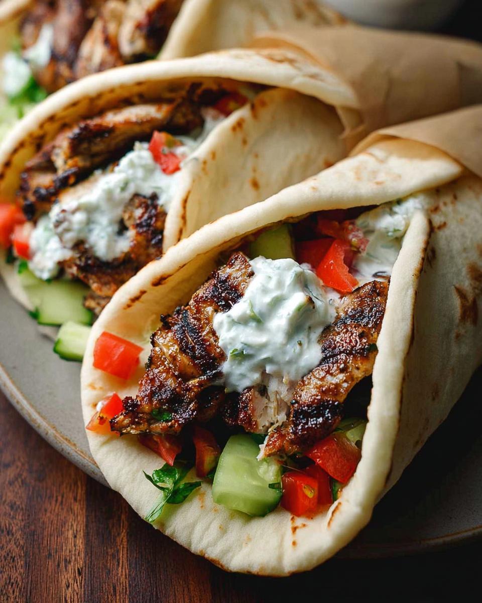 Close-up of delicious Mediterranean Chicken Gyros filled with grilled chicken, cucumber, tomato, and creamy feta tzatziki.