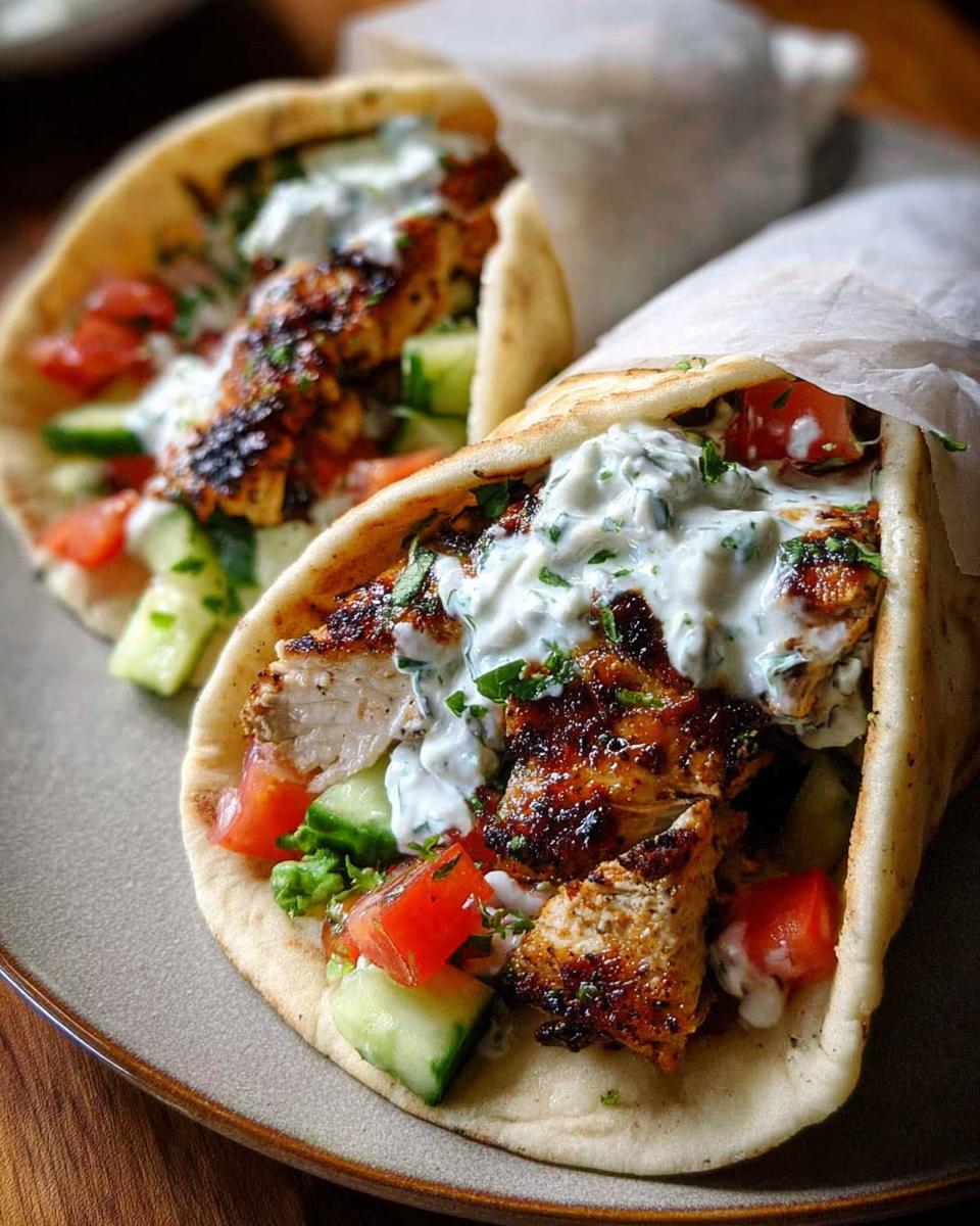 Two delicious Mediterranean Chicken Gyros stuffed with grilled chicken, tomatoes, cucumbers, and creamy feta tzatziki sauce.