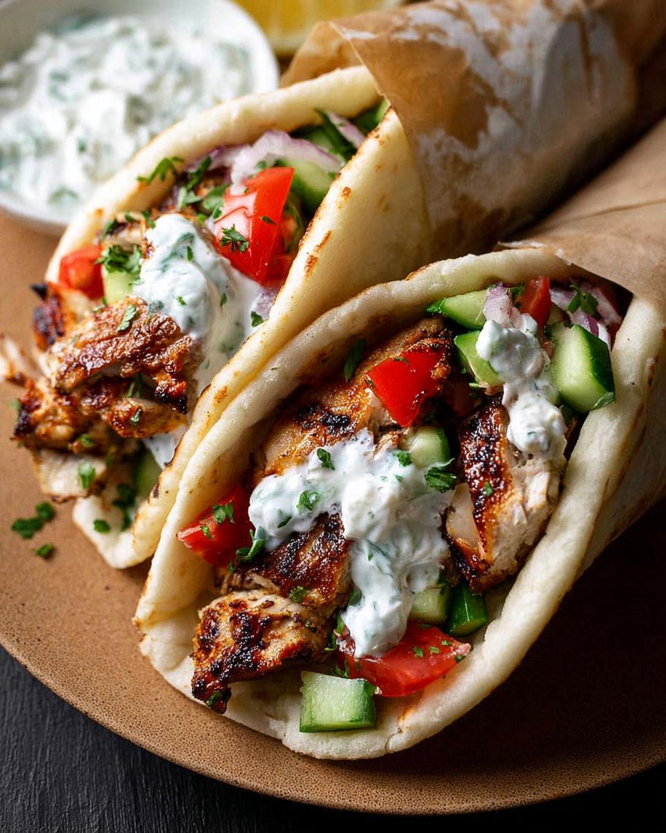 Two delicious Mediterranean Chicken Gyros stuffed with grilled chicken, tomatoes, cucumbers, red onion, and creamy feta tzatziki.