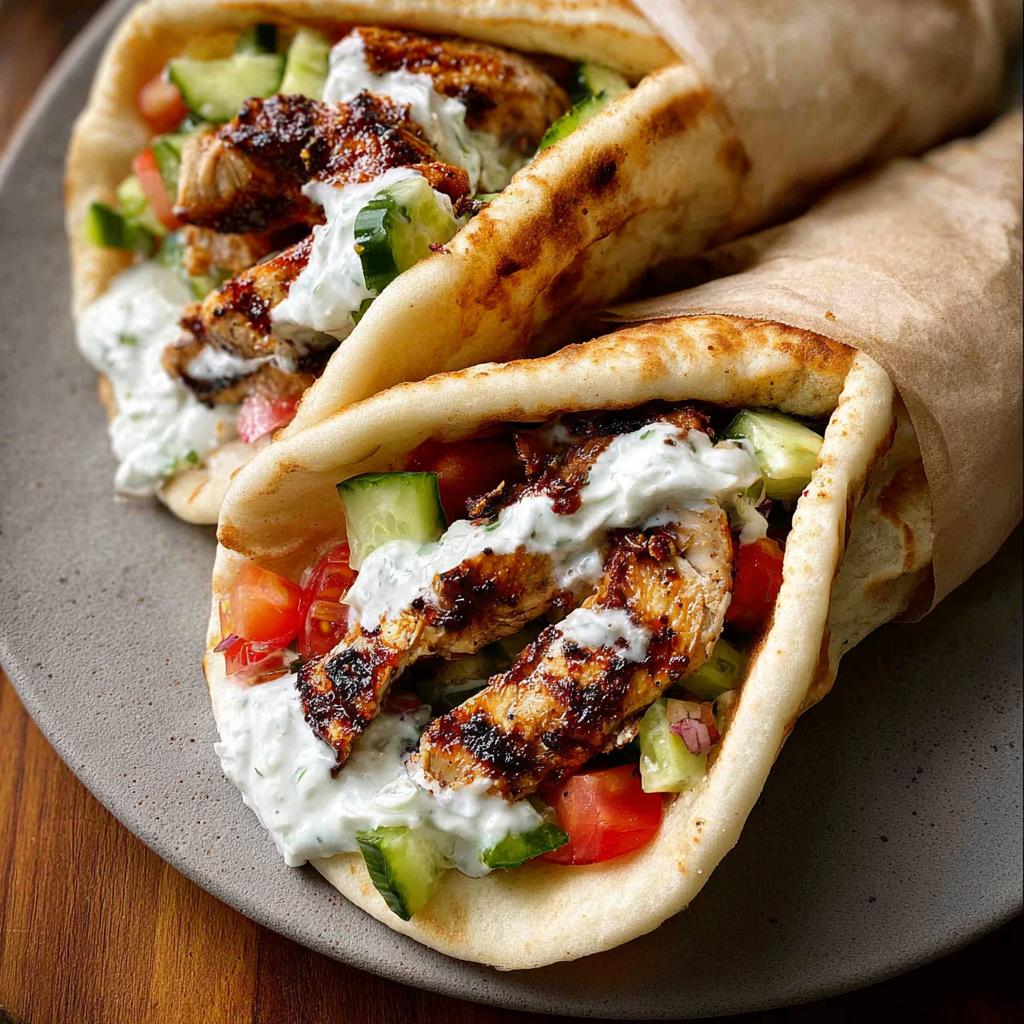Two delicious Mediterranean Chicken Gyros stuffed with grilled chicken, cucumber, tomato, and creamy feta tzatziki sauce.