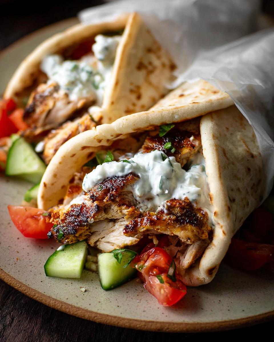 Two Mediterranean Chicken Gyros filled with grilled chicken, fresh tomatoes, cucumber, and creamy feta tzatziki sauce.