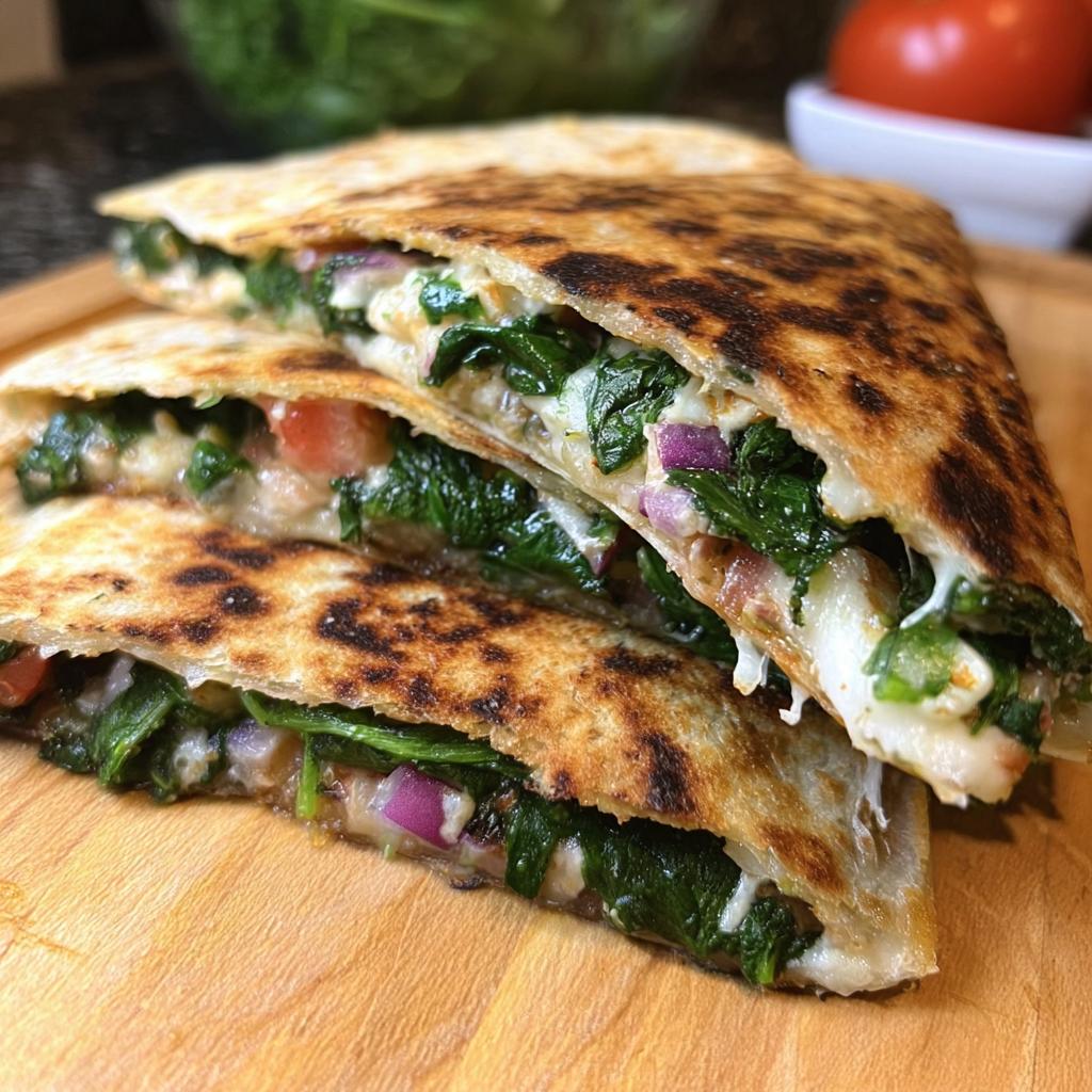 Close-up of Mediterranean Quesadillas with Spinach, Feta, Mozzarella, and Red Onion, cut in half.