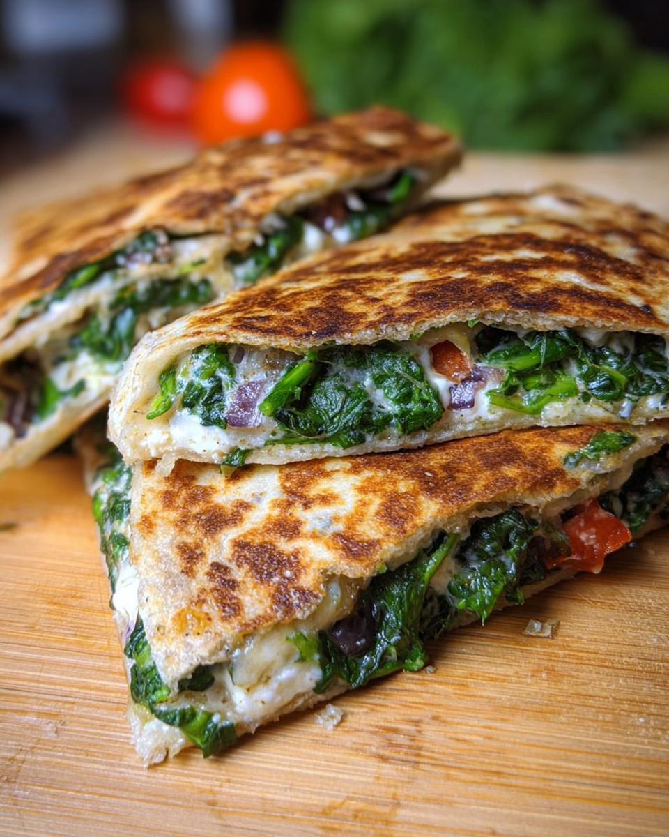 Close-up of Mediterranean Quesadillas filled with spinach, feta, mozzarella, and red onion, sliced and stacked.