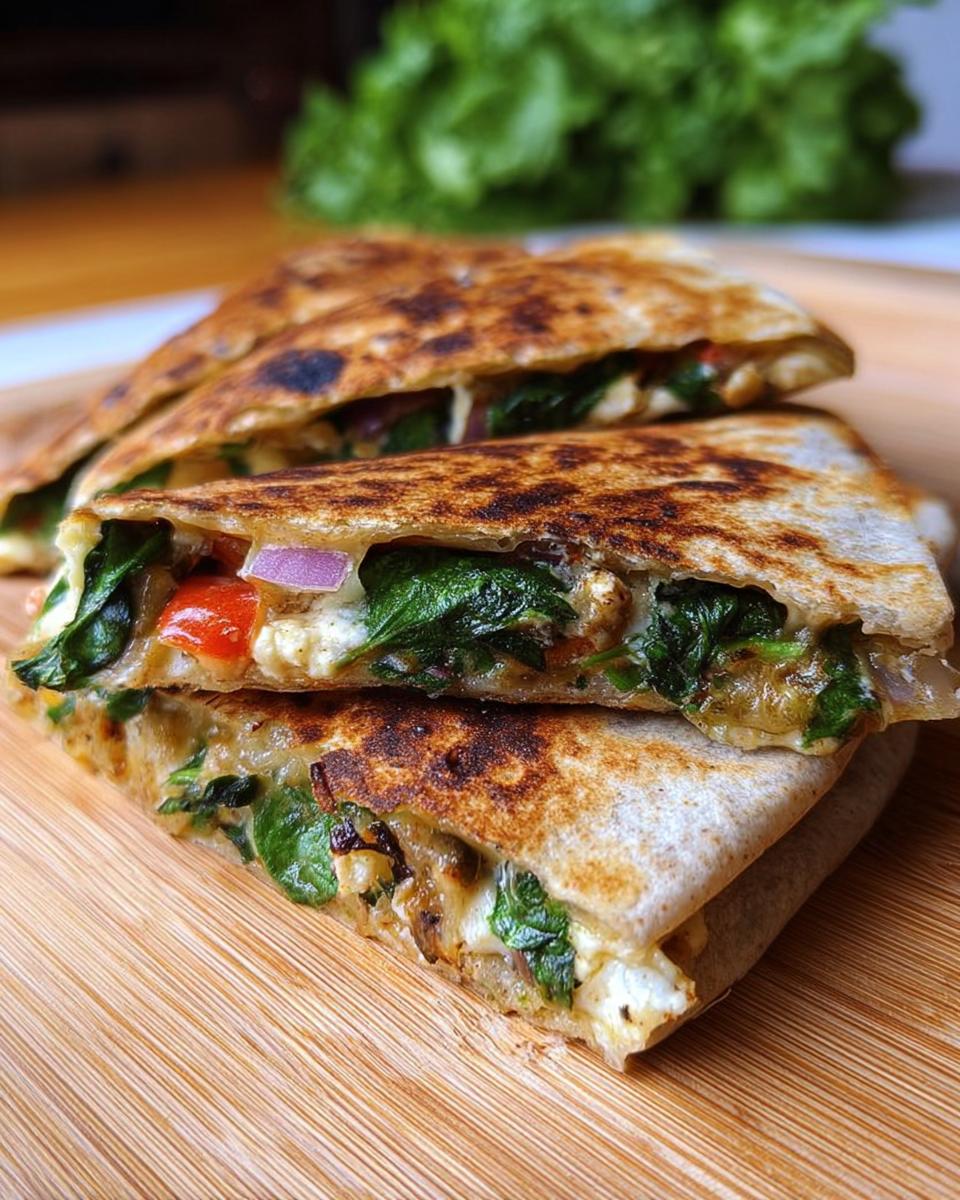 Close-up of Mediterranean Quesadillas with spinach, feta, mozzarella, and red onion, cut in half and stacked.