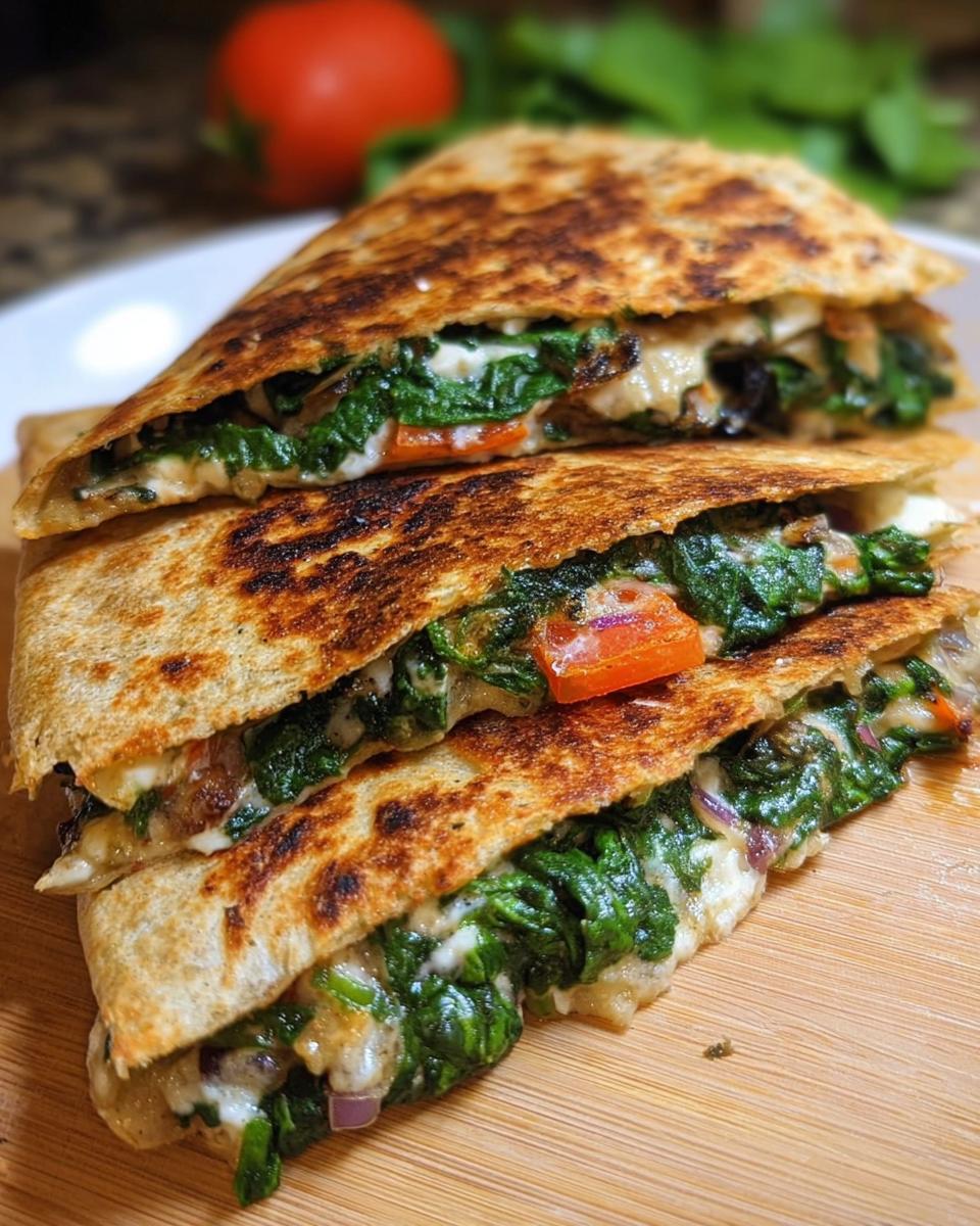 Close-up of stacked Mediterranean Quesadillas with spinach, feta, mozzarella, and red onion.