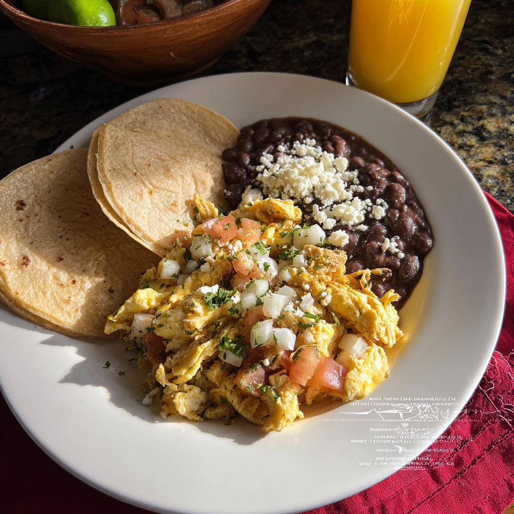 A plate of scrambled Mexican Eggs topped with diced tomatoes and onions, served with black beans and tortillas.