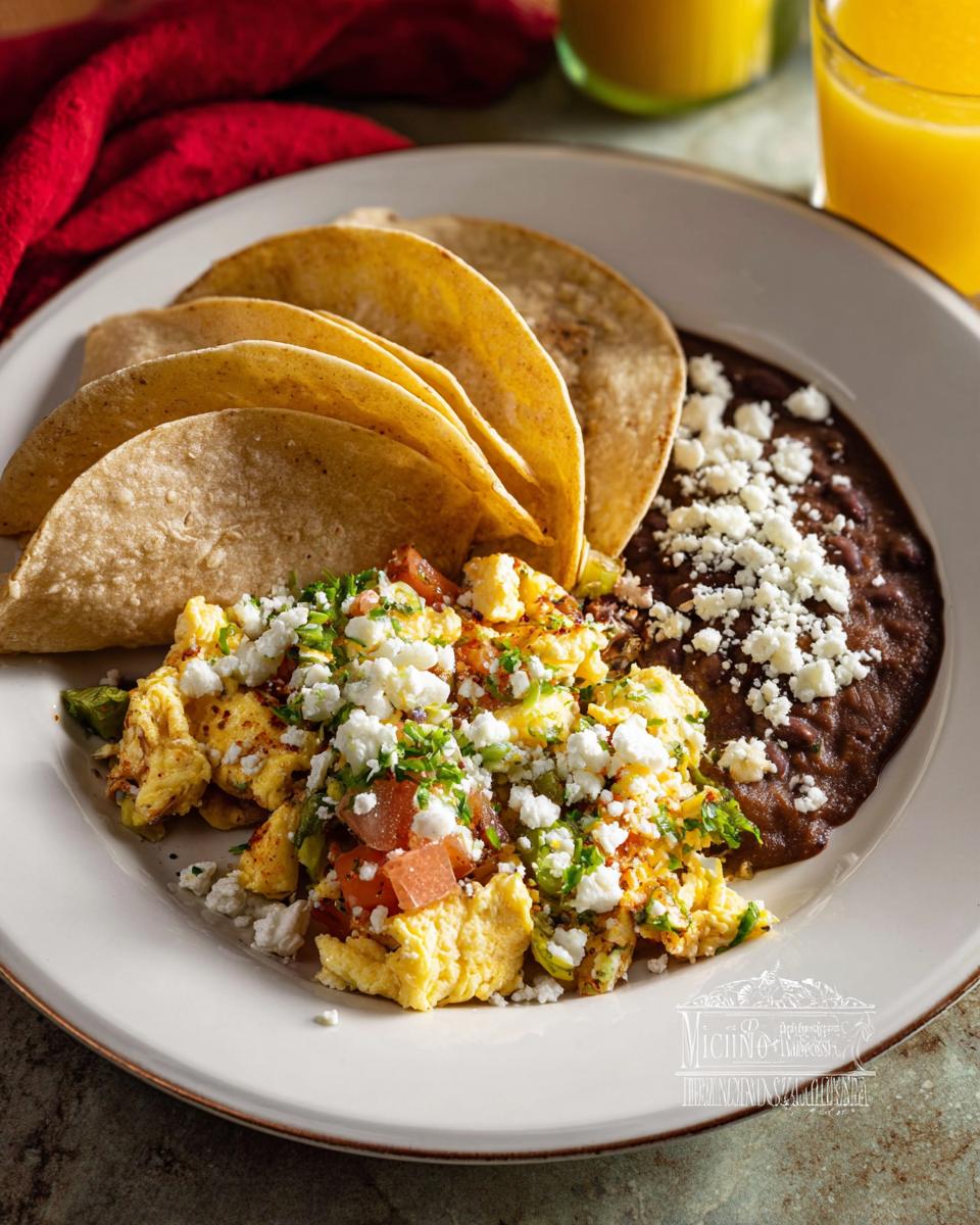 A plate of scrambled Mexican Eggs topped with cheese, tomatoes, and cilantro, served with refried beans and corn tortillas.