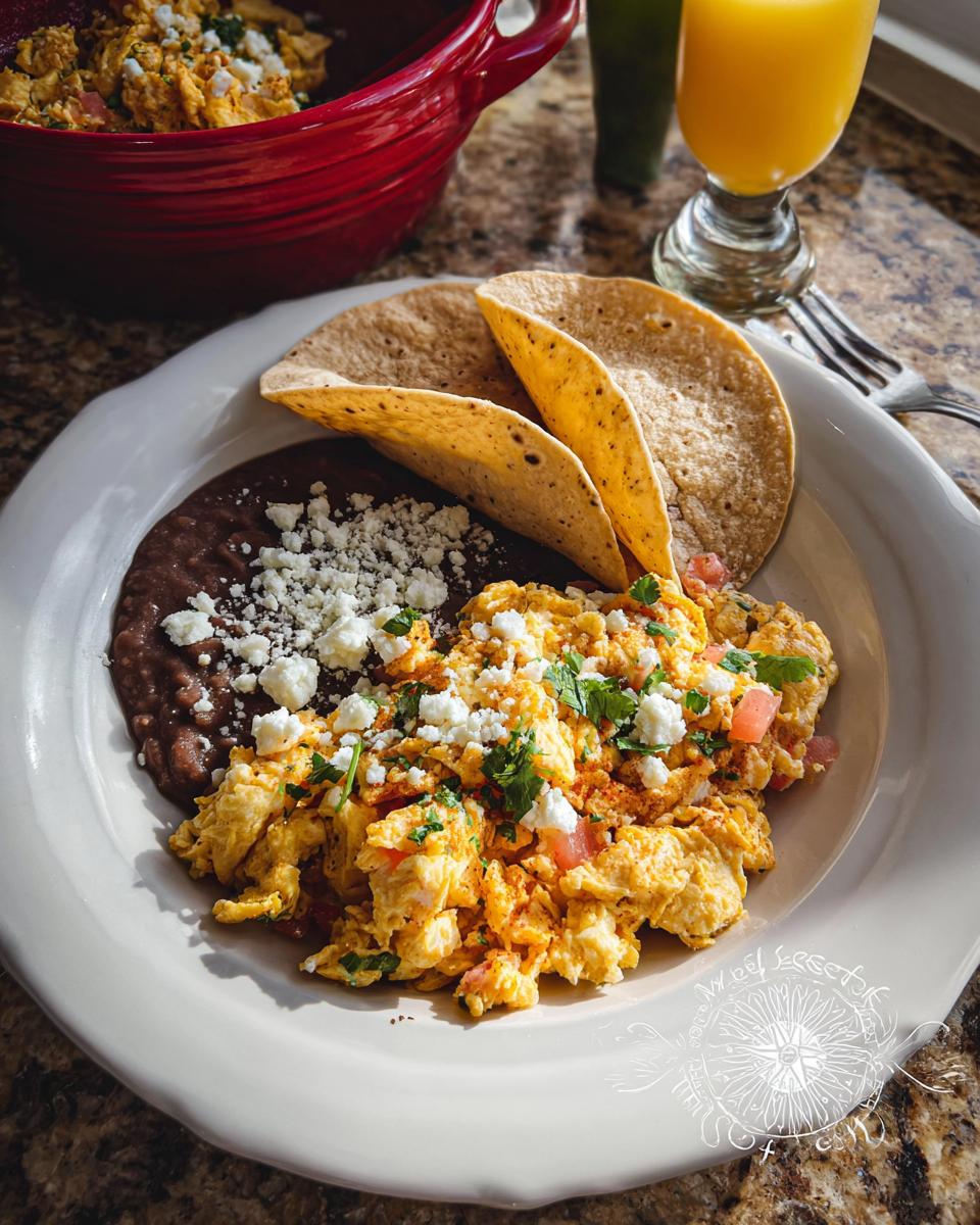 A delicious plate of Mexican Eggs served with refried beans, crumbled cheese, and corn tortillas. Garnished with cilantro.