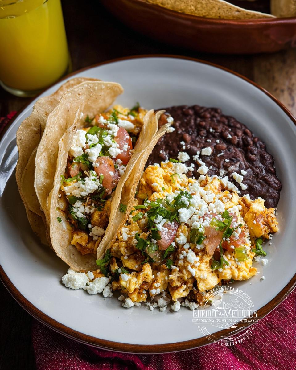 A plate of scrambled Mexican Eggs served with black beans and corn tortillas, topped with crumbled cheese and cilantro.