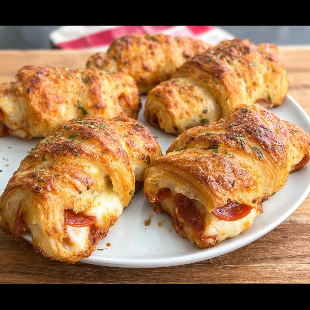Golden brown mozzarella pepperoni croissant rolls, baked to perfection with melted cheese and visible pepperoni.