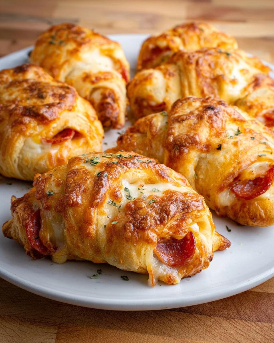 Close-up of golden-brown mozzarella pepperoni croissant rolls, topped with melted cheese and herbs.