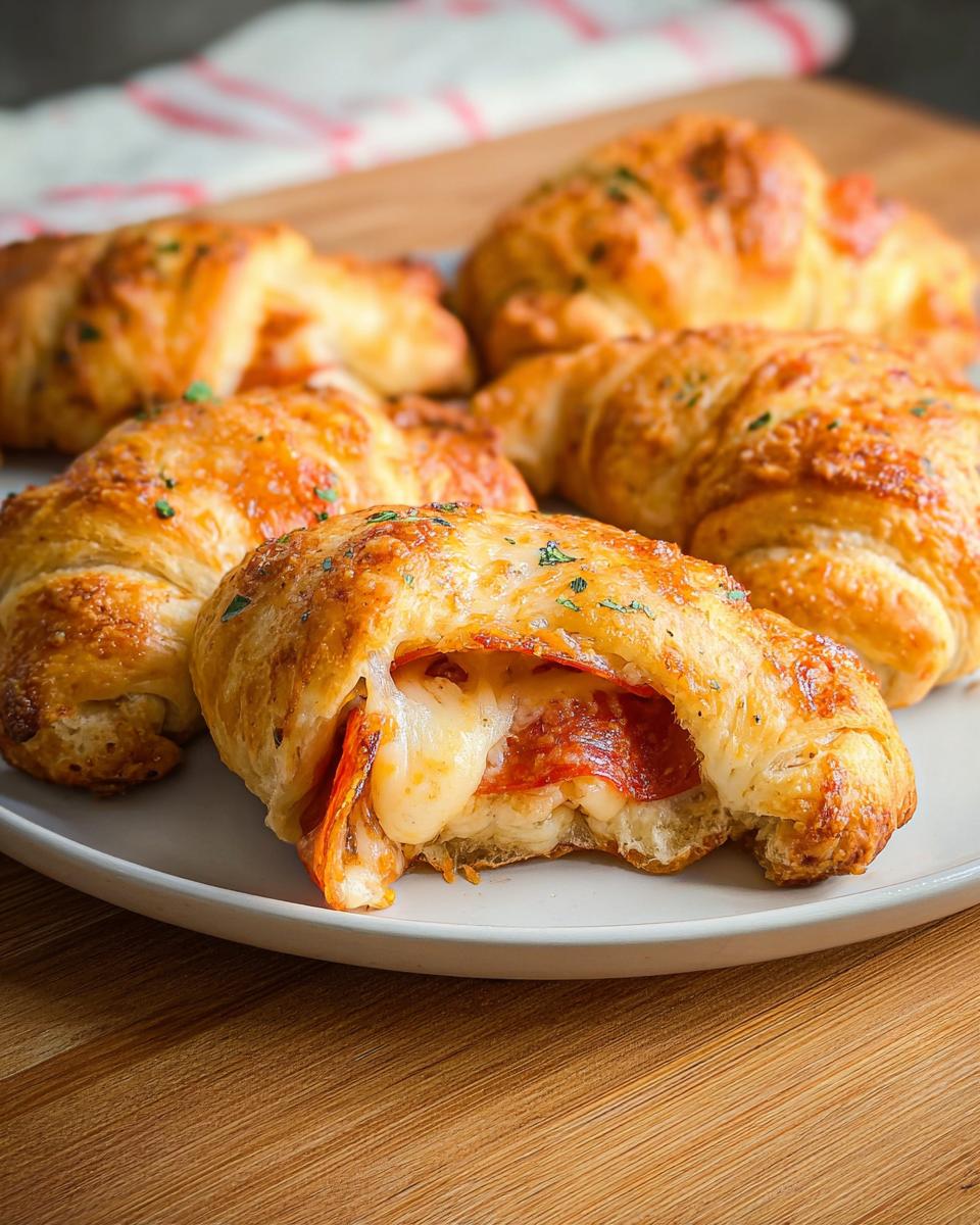 Close-up of a delicious mozzarella pepperoni croissant roll, with melted cheese oozing out.