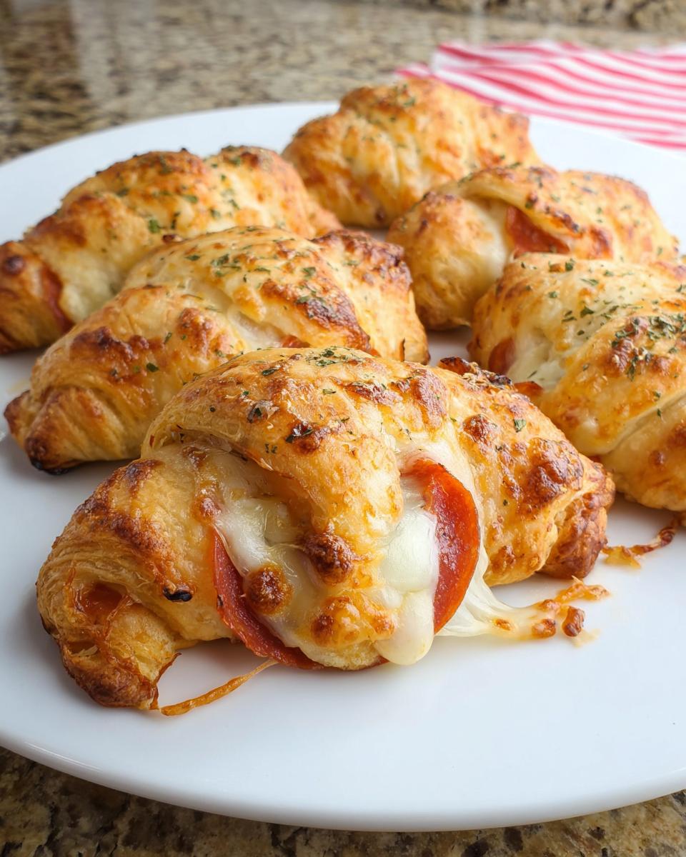 Close-up of golden-brown mozzarella pepperoni croissant rolls, with melted cheese oozing out.
