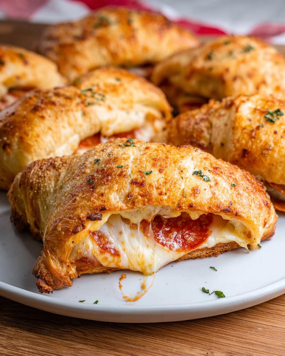 Close-up of a baked mozzarella pepperoni croissant roll, with melted cheese oozing out.