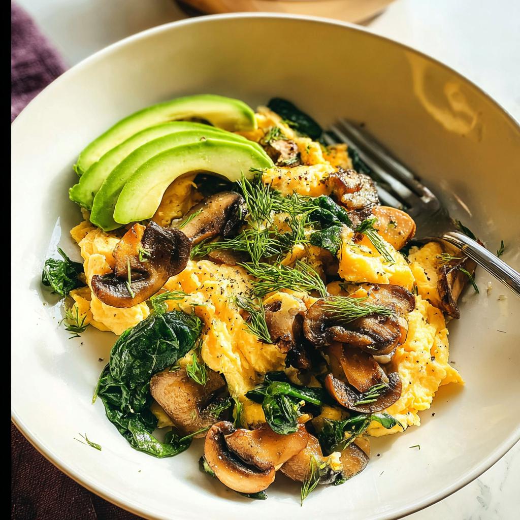 A close-up of fluffy Mushroom Spinach Scrambled Eggs topped with fresh dill and sliced avocado.