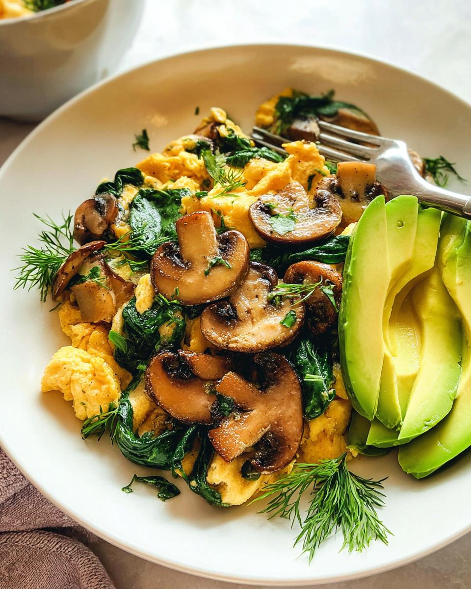 A plate of fluffy Mushroom Spinach Scrambled Eggs topped with fresh dill and sliced avocado.