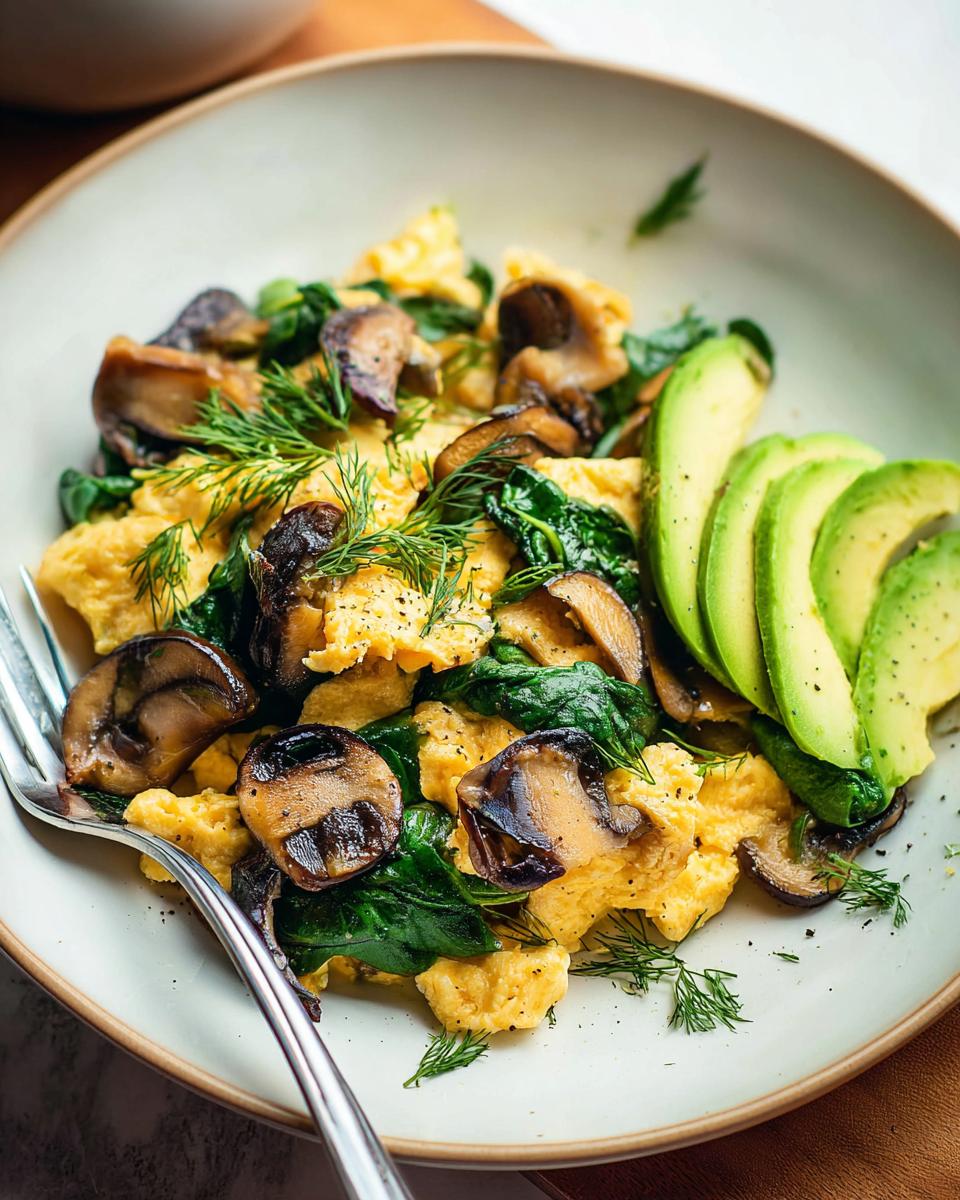 A plate of fluffy Mushroom Spinach Scrambled Eggs served with sliced avocado and fresh dill.