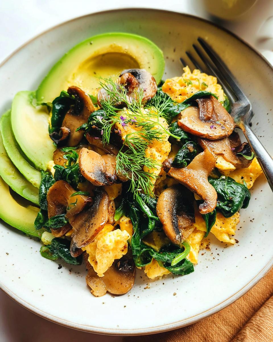 A plate of fluffy Mushroom Spinach Scrambled Eggs served with sliced avocado and garnished with fresh dill.