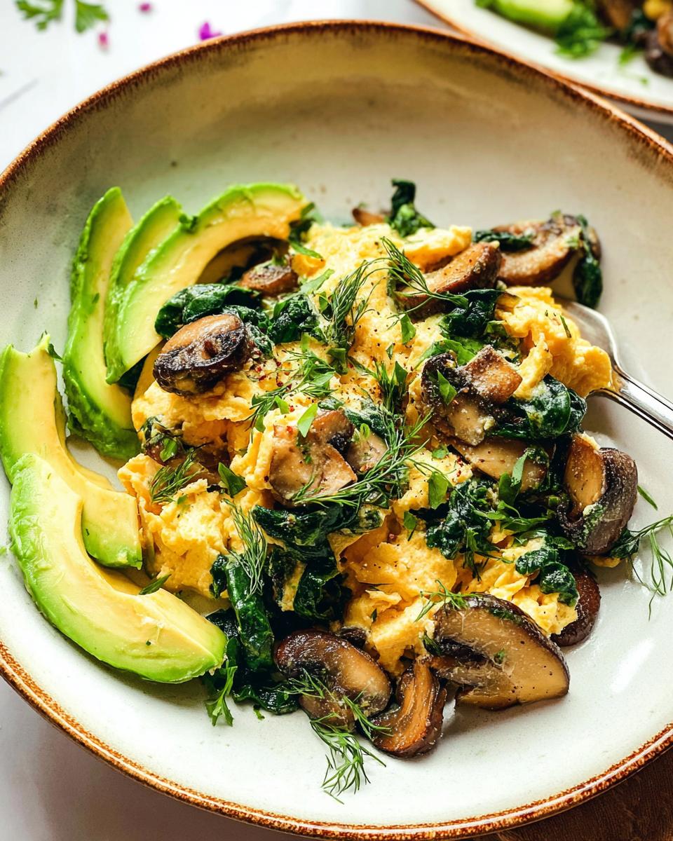 A close-up of fluffy Mushroom Spinach Scrambled Eggs served with sliced avocado and fresh herbs.