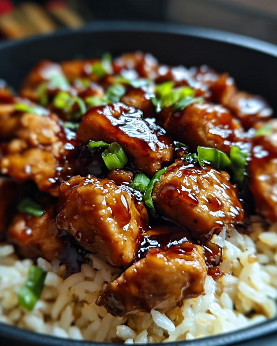 A close-up of One-Pan Honey BBQ Chicken Rice, featuring glazed chicken pieces over fluffy rice, garnished with green onions.