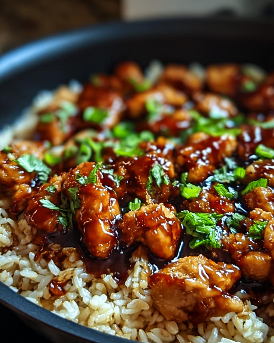 Close-up of glistening One-Pan Honey BBQ Chicken Rice topped with fresh green onions.