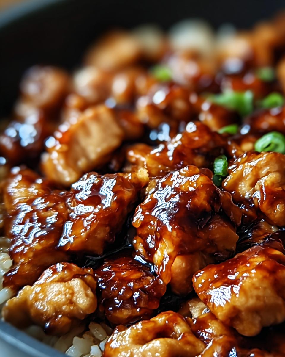 Close-up of glistening One-Pan Honey BBQ Chicken Rice, with chunks of chicken coated in a rich BBQ sauce over fluffy white rice, garnished with green onions.