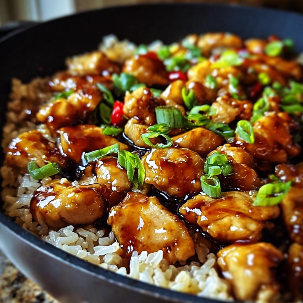 Close-up of delicious One-Pan Honey BBQ Chicken Rice with glazed chicken pieces and chopped green onions.