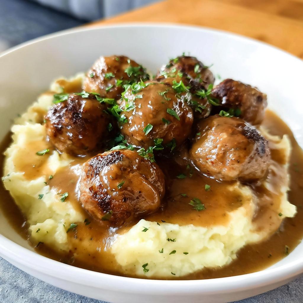 A bowl of Salisbury Steak Meatballs served over creamy Garlic Herb Mashed Potatoes, garnished with parsley.