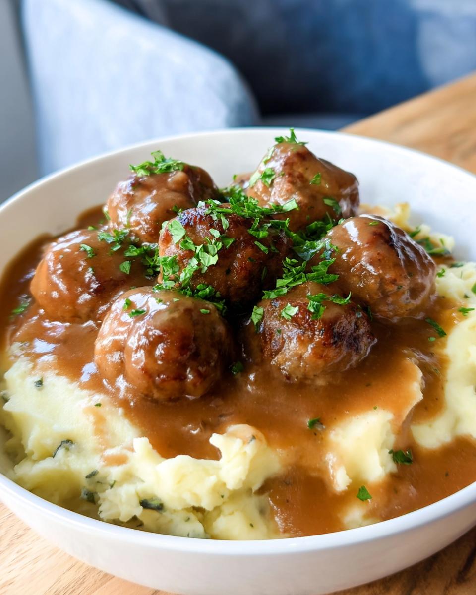 A bowl of Salisbury Steak Meatballs served over creamy Garlic Herb Mashed Potatoes, garnished with fresh parsley.