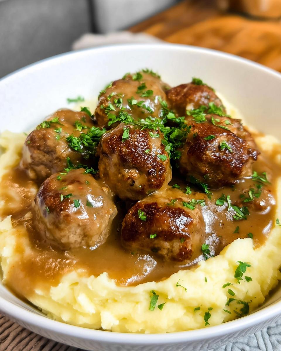 Close-up of Salisbury Steak Meatballs served over creamy Garlic Herb Mashed Potatoes, garnished with parsley.