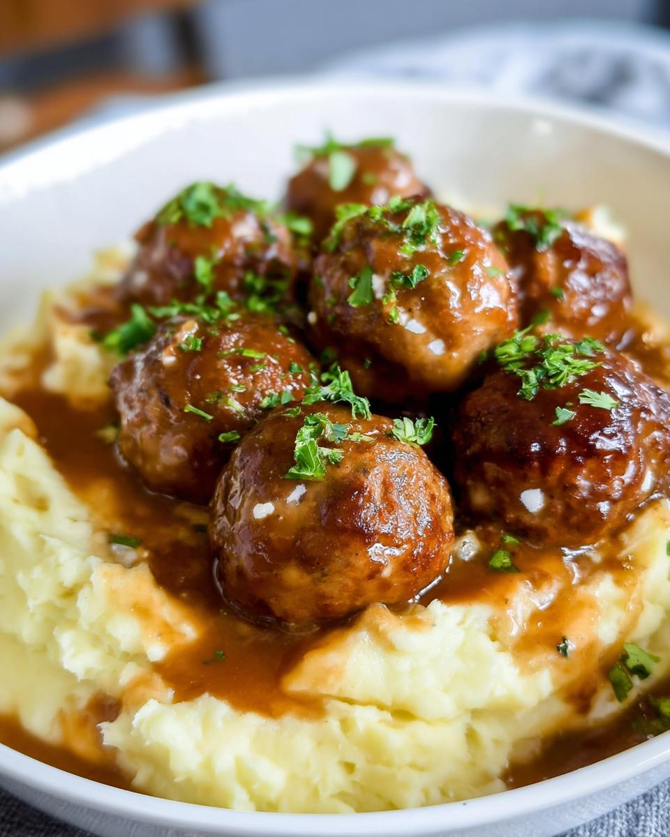 Close-up of Salisbury Steak Meatballs smothered in gravy, served over creamy Garlic Herb Mashed Potatoes and garnished with parsley.