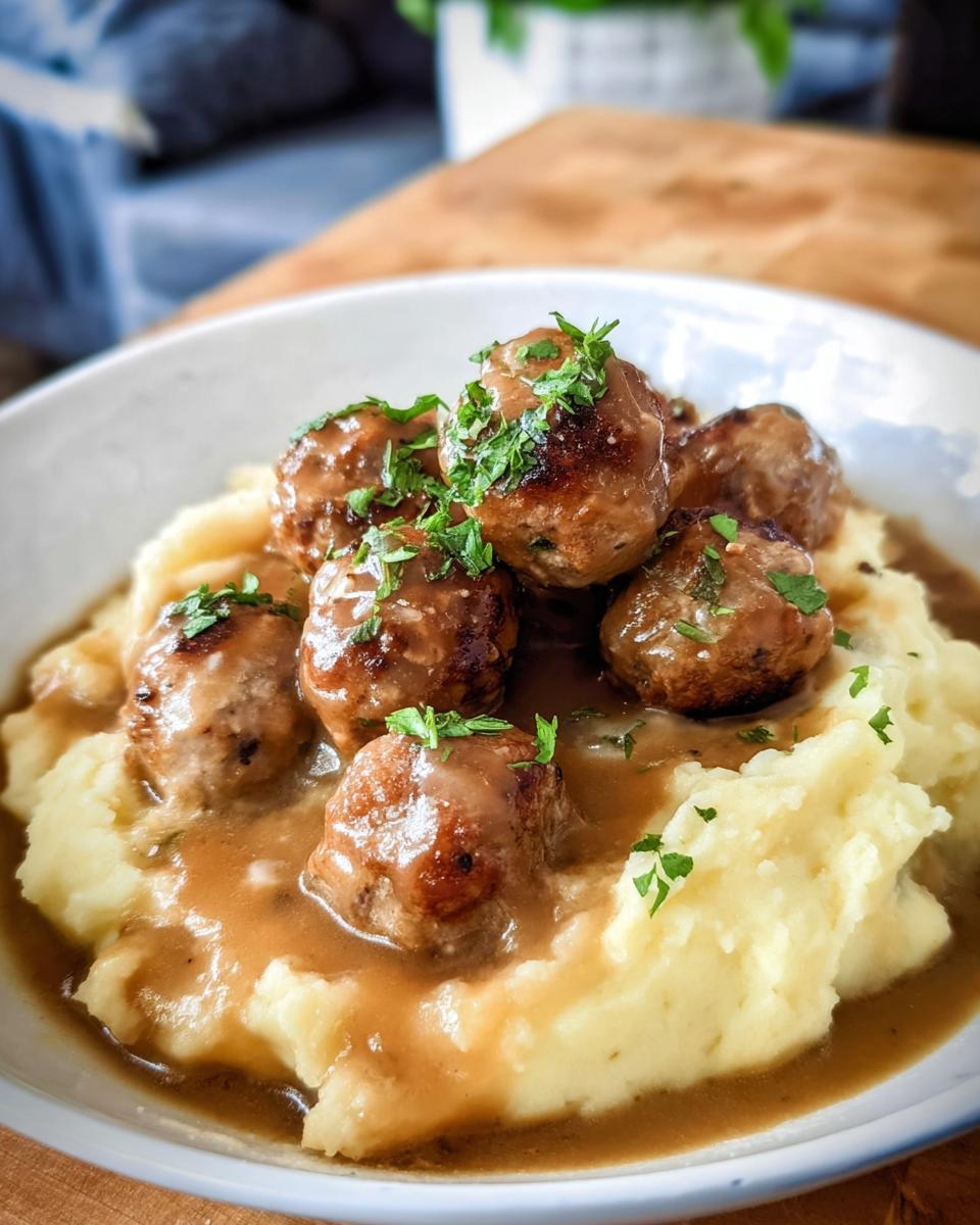A close-up of Salisbury Steak Meatballs nestled in creamy Garlic Herb Mashed Potatoes, garnished with fresh parsley.