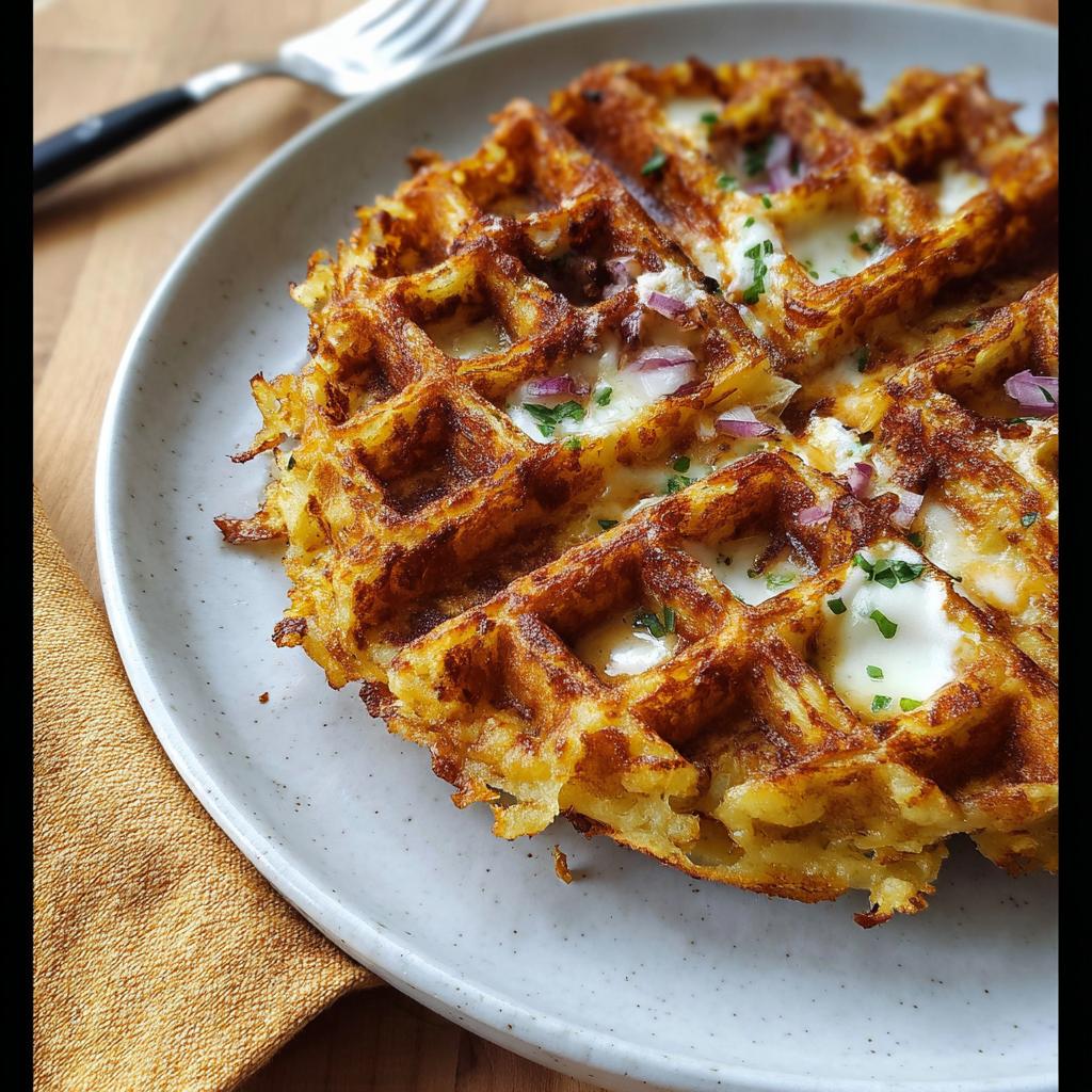 A golden brown Savory Hashbrown Chaffle topped with melted cheese, red onion, and chives on a plate.