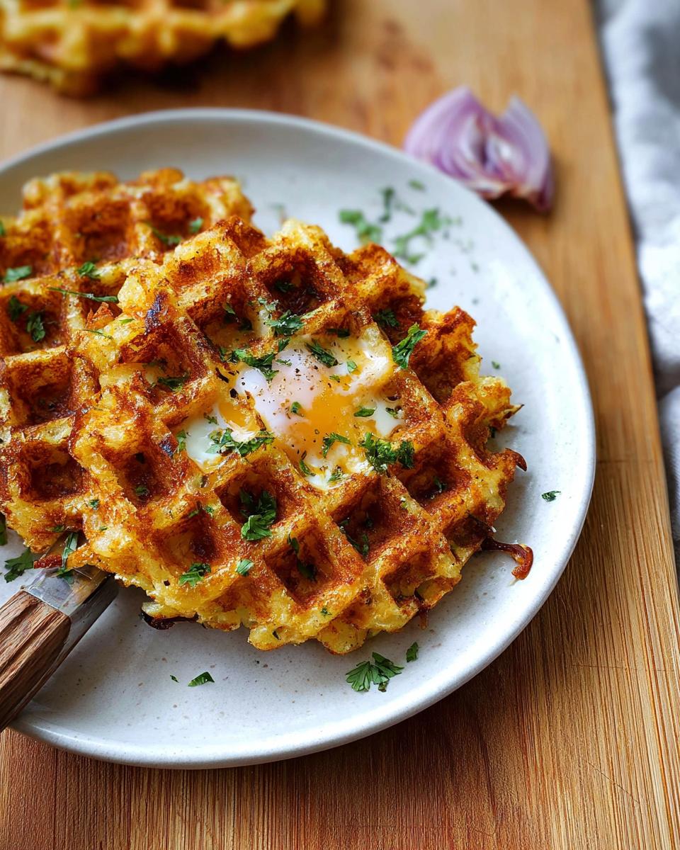 A golden-brown Savory Hashbrown Chaffle topped with a fried egg and fresh parsley, served on a plate.