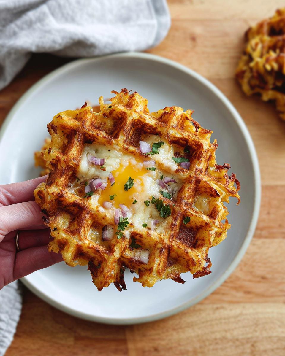 A hand holds a golden-brown savory hashbrown chaffle topped with a runny egg yolk, red onion, and parsley.