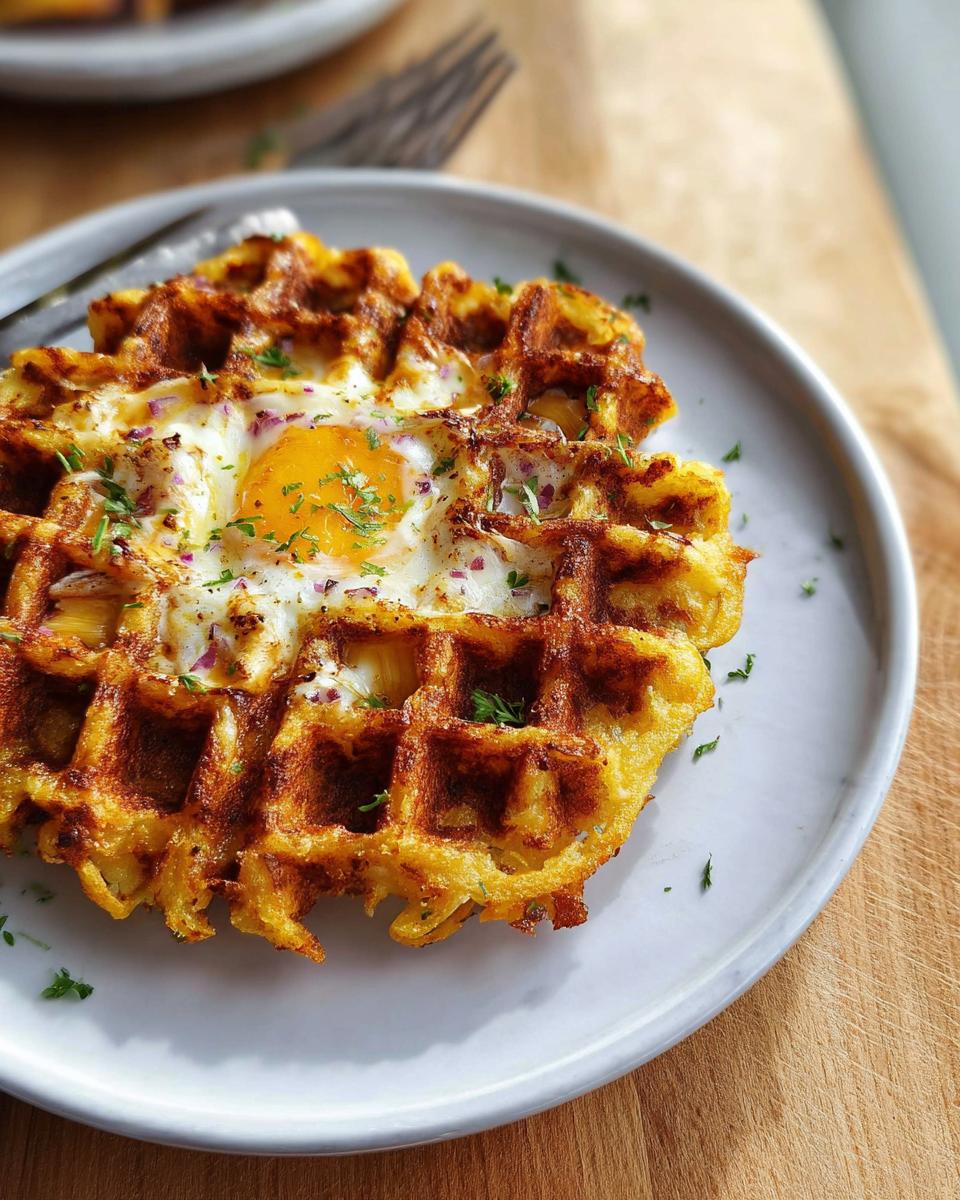 A golden-brown savory hashbrown chaffle topped with a perfectly fried egg and sprinkled with herbs and red onion.
