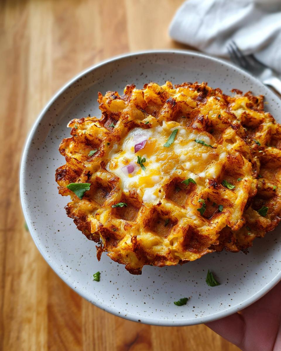 Close-up of a golden-brown savory hashbrown chaffle topped with melted cheese, a cooked egg, and red onion.