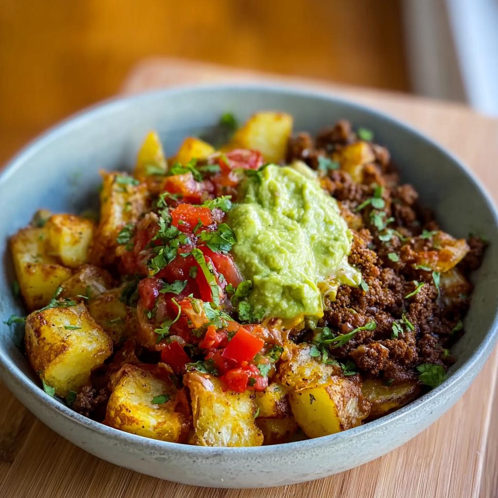A close-up of a Schnelle Kartoffel Taco Bowl Meal Prep, featuring seasoned potatoes, ground meat, pico de gallo, and guacamole.