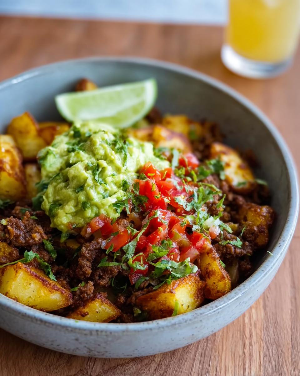 A bowl of Schnelle Kartoffel Taco Bowl Meal Prep with seasoned potatoes, ground meat, guacamole, pico de gallo, and a lime wedge.