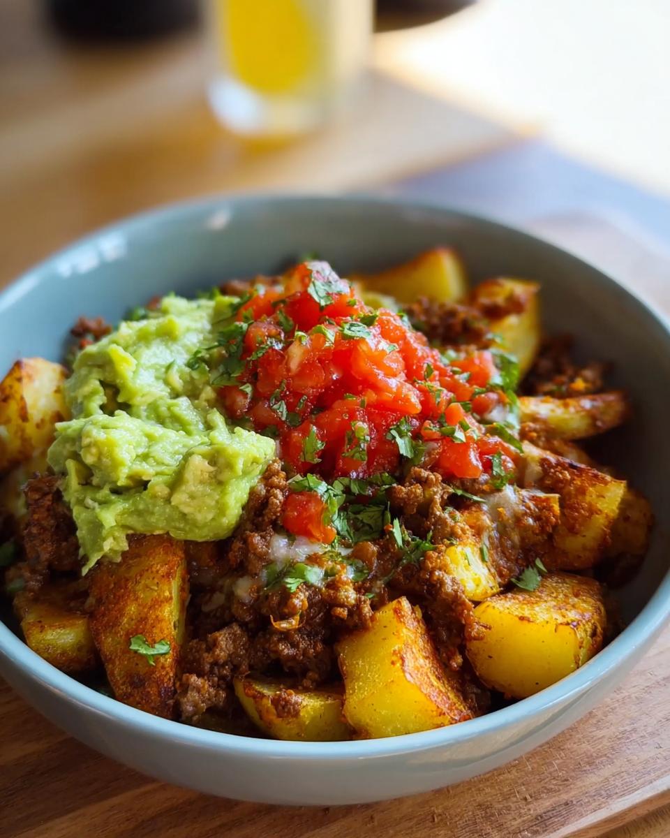 A bowl of Schnelle Kartoffel Taco Bowl Meal Prep featuring roasted potatoes, seasoned ground meat, guacamole, and pico de gallo.