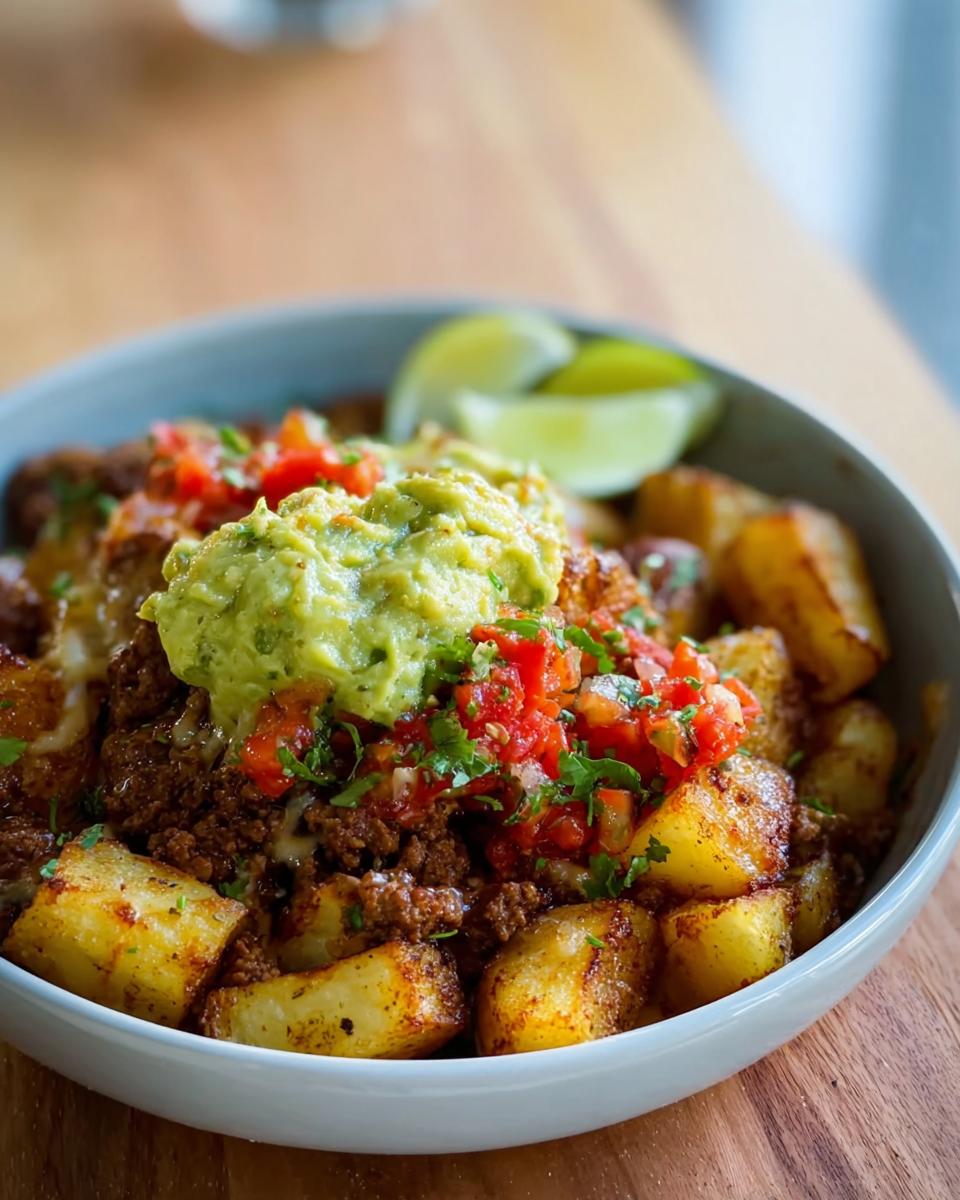 A delicious Schnelle Kartoffel Taco Bowl Meal Prep featuring seasoned potatoes, ground meat, pico de gallo, and guacamole.