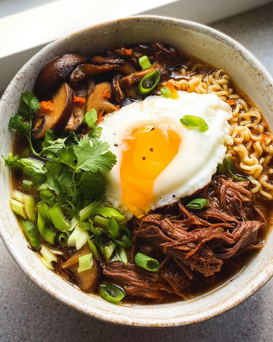 A hearty bowl of Slow Cooker Beef Ramen Noodles topped with a fried egg, mushrooms, cilantro, and green onions.