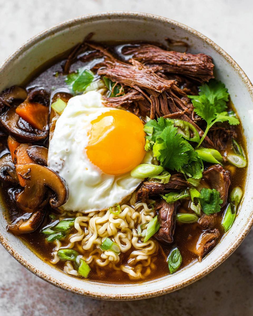 A close-up of a bowl of Slow Cooker Beef Ramen Noodles, featuring tender beef, ramen noodles, a fried egg, mushrooms, and scallions.