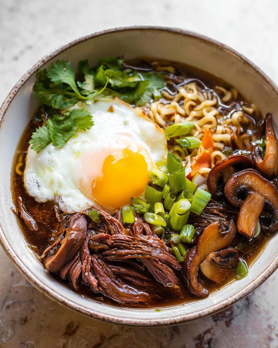 A delicious bowl of Slow Cooker Beef Ramen Noodles topped with a fried egg, sliced mushrooms, and green onions.